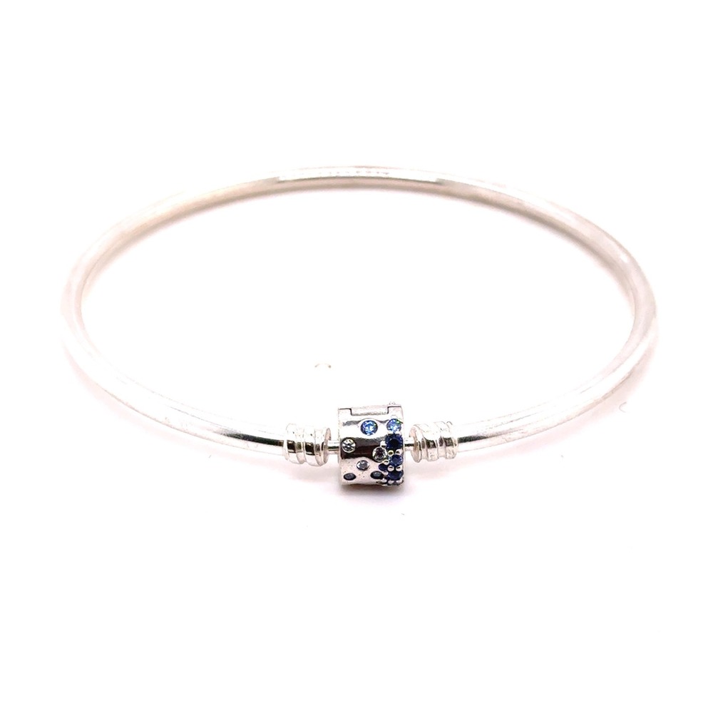 Pandora Sterling Silver Bangle Bracelet Blue Pave Crystal Clasp